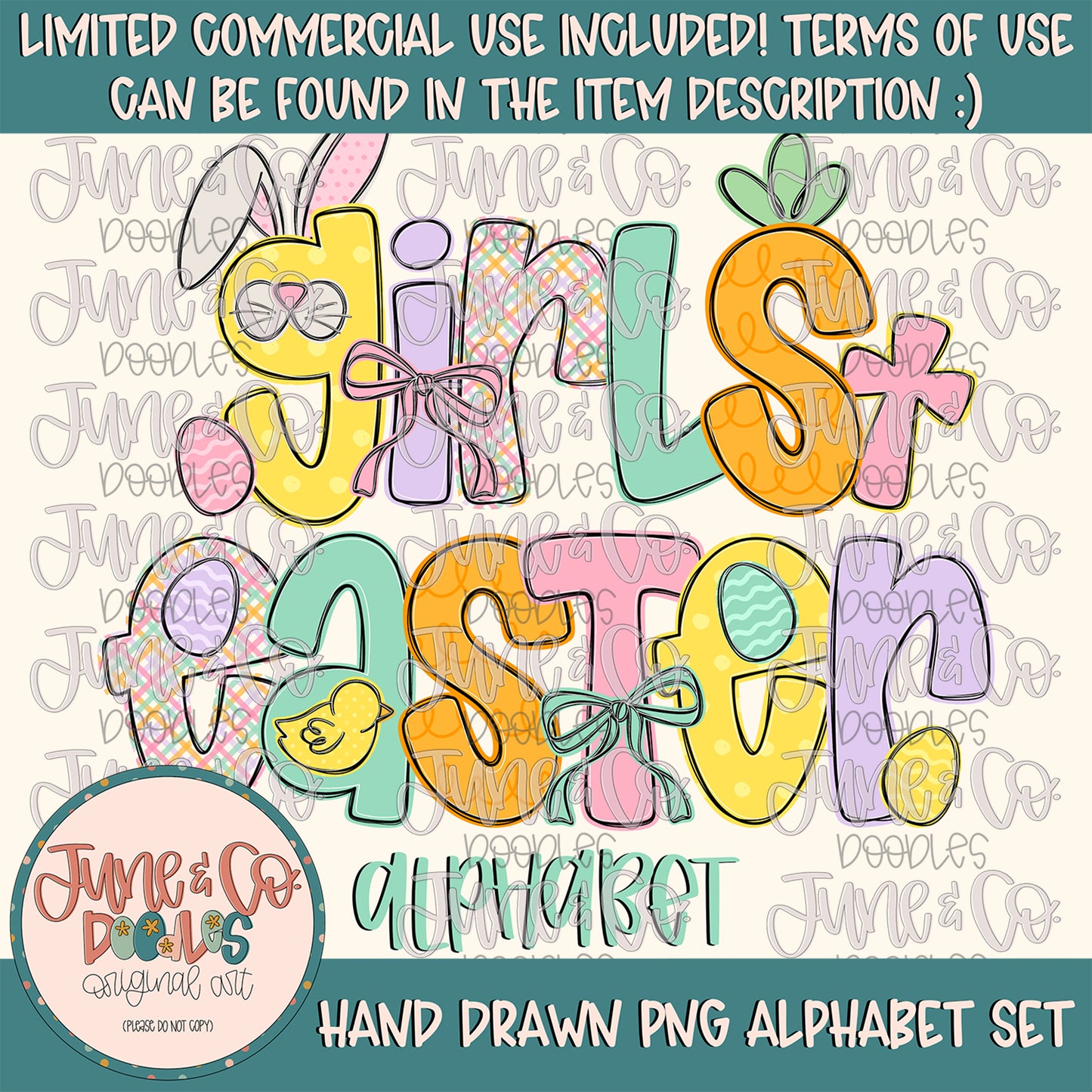 Girls Easter Alphabet Set- PNG| Easter Doodle Alpha| Individually Saved Letters| Holiday Letters| A-Z Doodle Letters PNG| Digital Download
