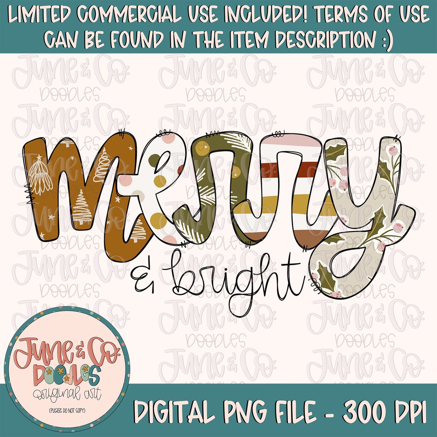 Boho Merry And Bright PNG| Christmas Doodle Letters Sublimation File| Holiday Season Shirt Design| Printable Art| Instant Download