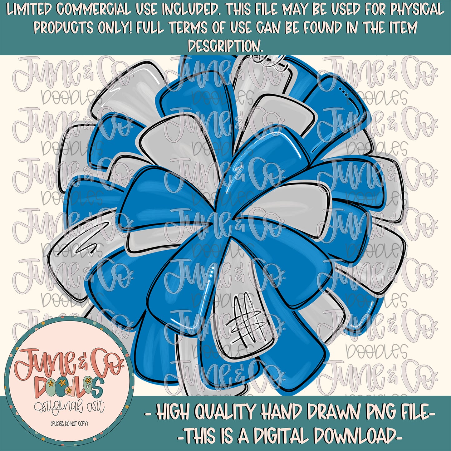 Blue & Light Gray Pom Pom PNG| Cheerleading Sublimation File| Team Spirit Shirt Design| Hand Drawn Printable Art| Digital Download