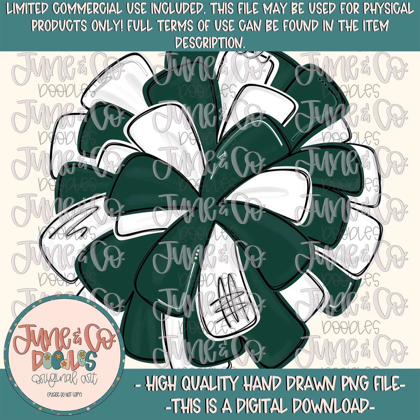 Forest Green & White Pom Pom PNG| Cheerleading Sublimation File| Team Spirit Shirt Design| Hand Drawn Printable Art| Digital Download