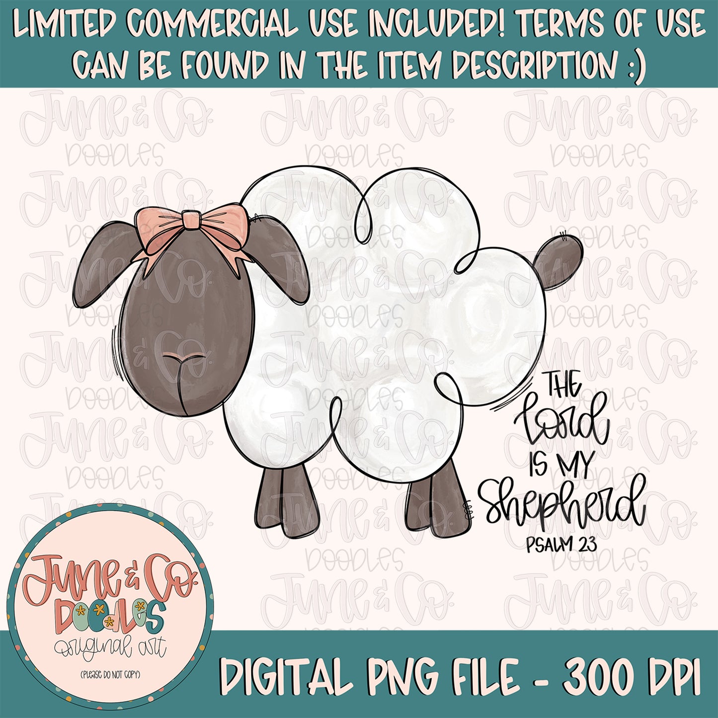 Psalm 23 Sheep With Bow PNG| Painted Sheep Doodle Sublimation File| Christian Easter Design| Hand Sketched Printable Art| Instant Download