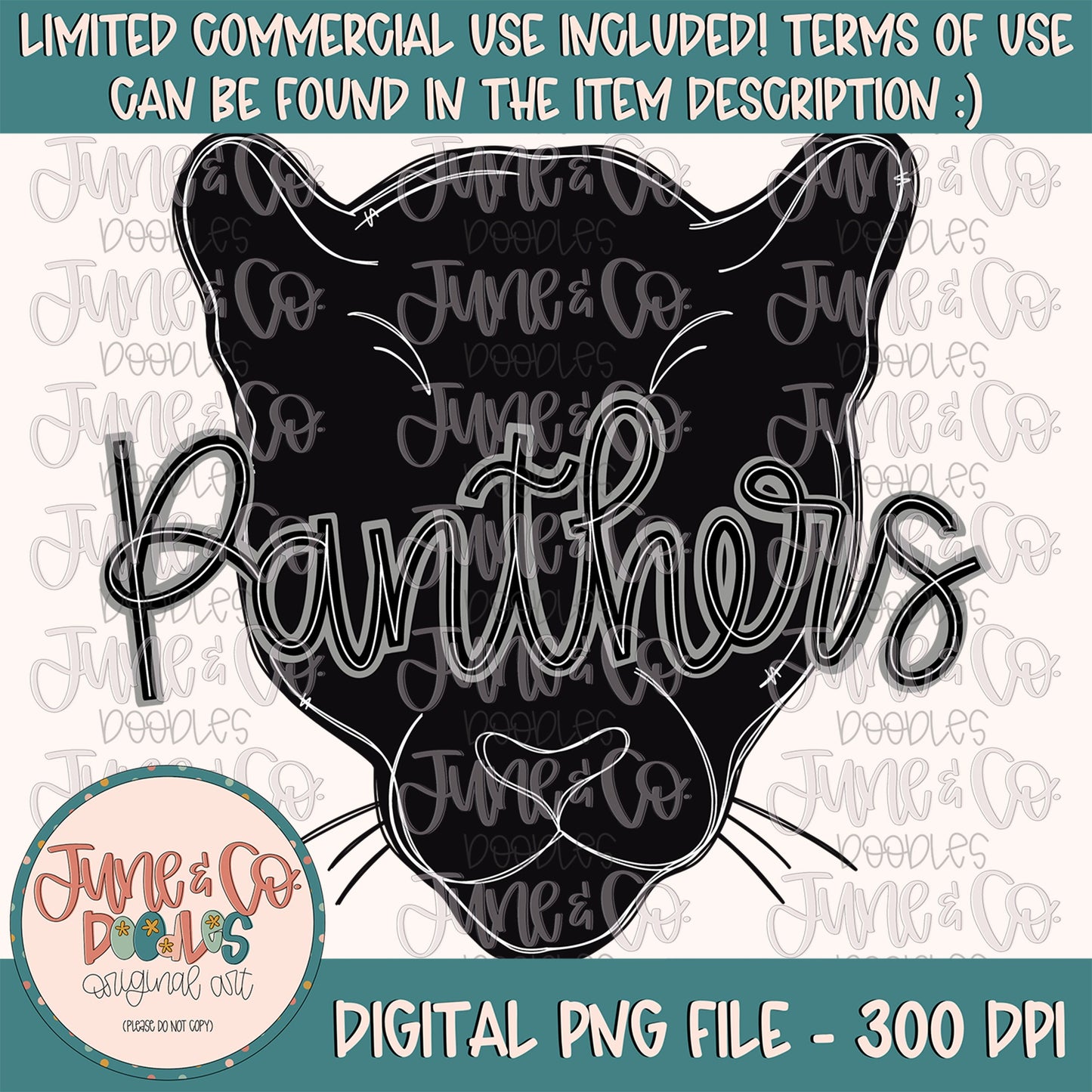 Panthers Mascot Black Gray PNG| Custom Mascot Sublimation File| School Pride Shirt Design| Hand Lettered Printable Art| Instant Download