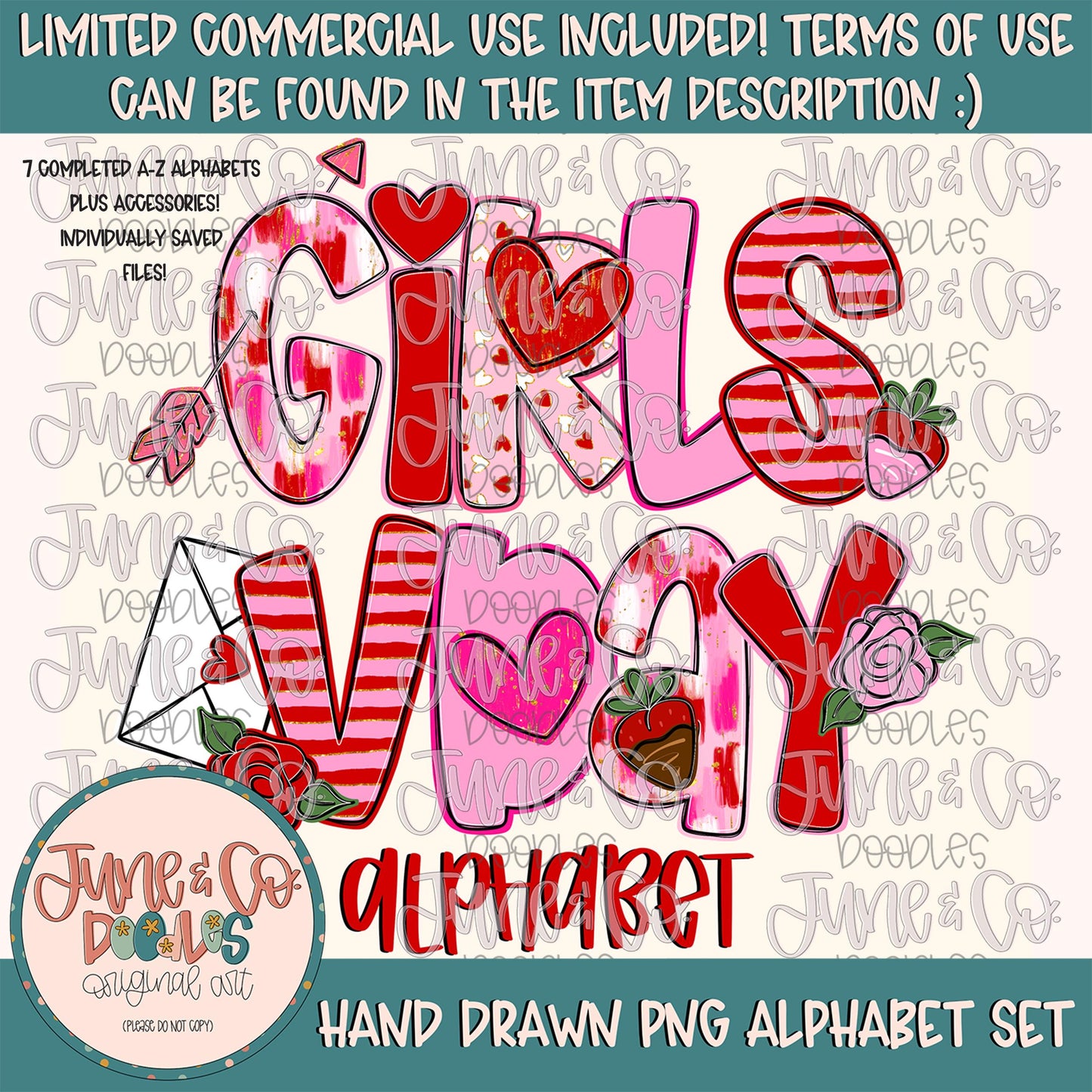 Girls VDay Alphabet Set- PNG| Valentine's Day Alpha| Individually Saved Letters| Holiday Letters| A-Z Doodle Letters PNG| Digital Download