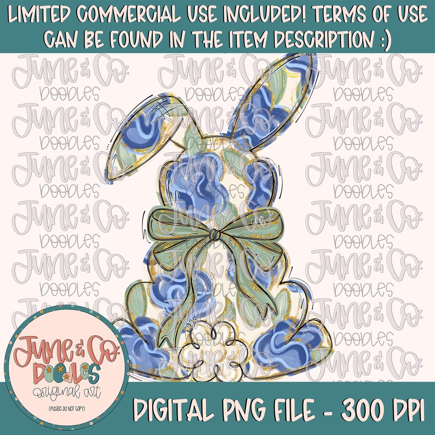 Painted Floral Bunny-Blue PNG| Coquette Easter Bunny Sublimation File| Girly Easter Holiday Shirt Design| Hand Drawn Art| Digital Download