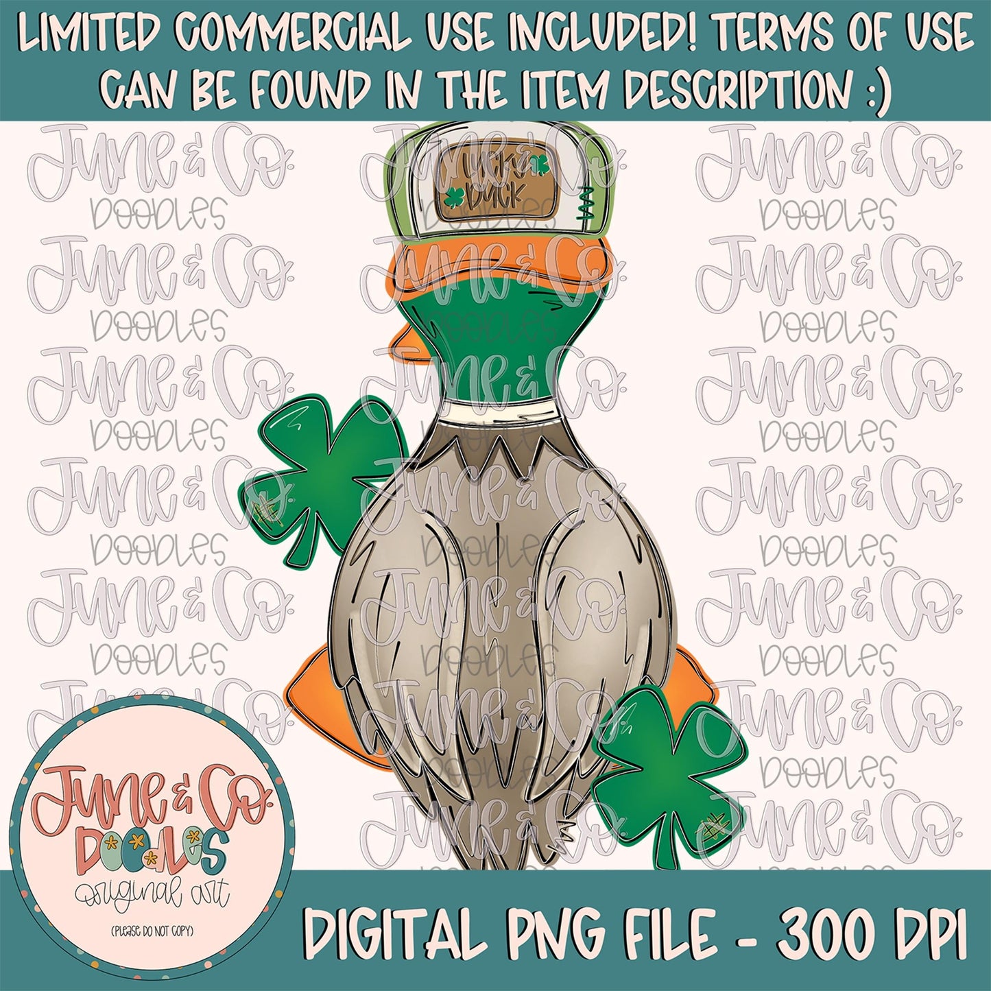Lucky Duck PNG| Country St. Patrick's Day Sublimation File| Boy Duck With Backwards Hat Shirt Design| Hand Drawn Art| Digital Download