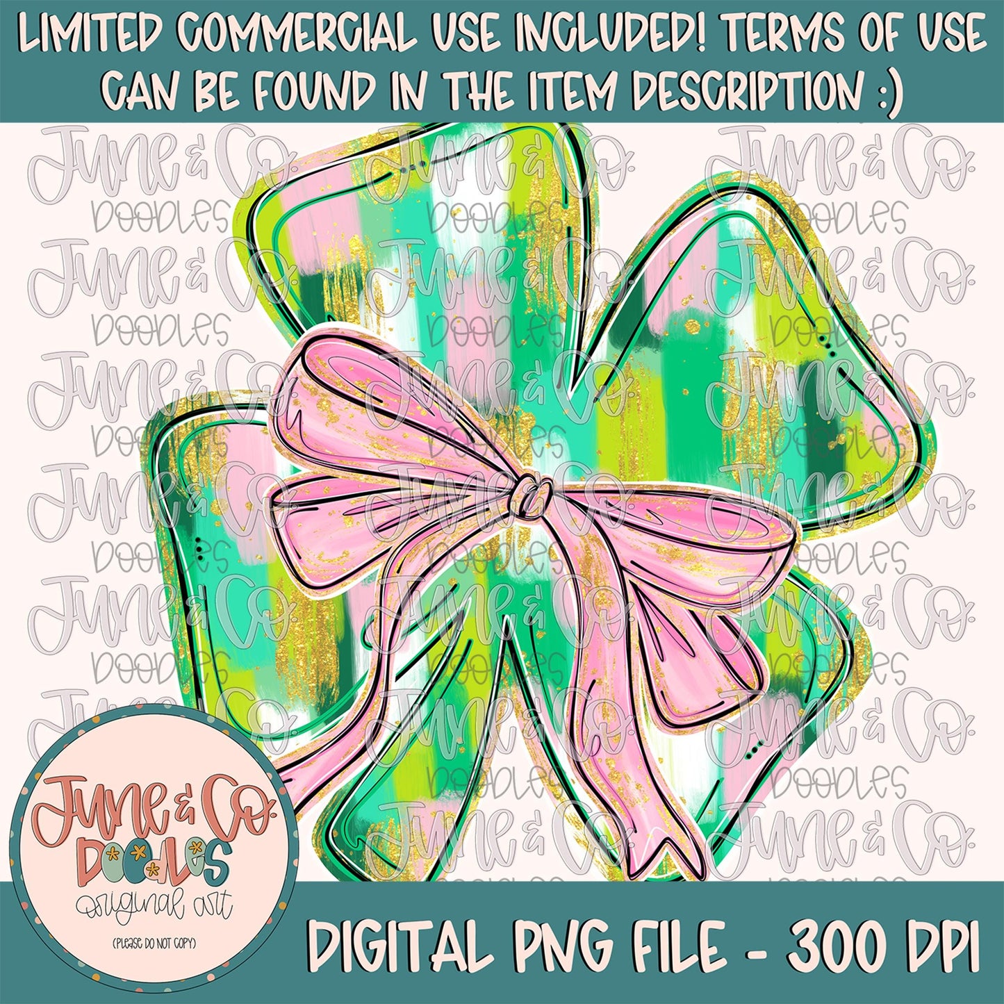 Painted Shamrock With Bow PNG| Coquette St. Patrick's Day Sublimation File| Girly Holiday Shirt Design| Hand Drawn Art| Digital Download