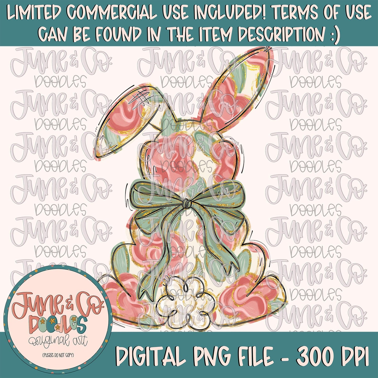 Painted Floral Bunny PNG| Coquette Easter Bunny Sublimation File| Girly Easter Holiday Shirt Design| Hand Drawn Art| Digital Download