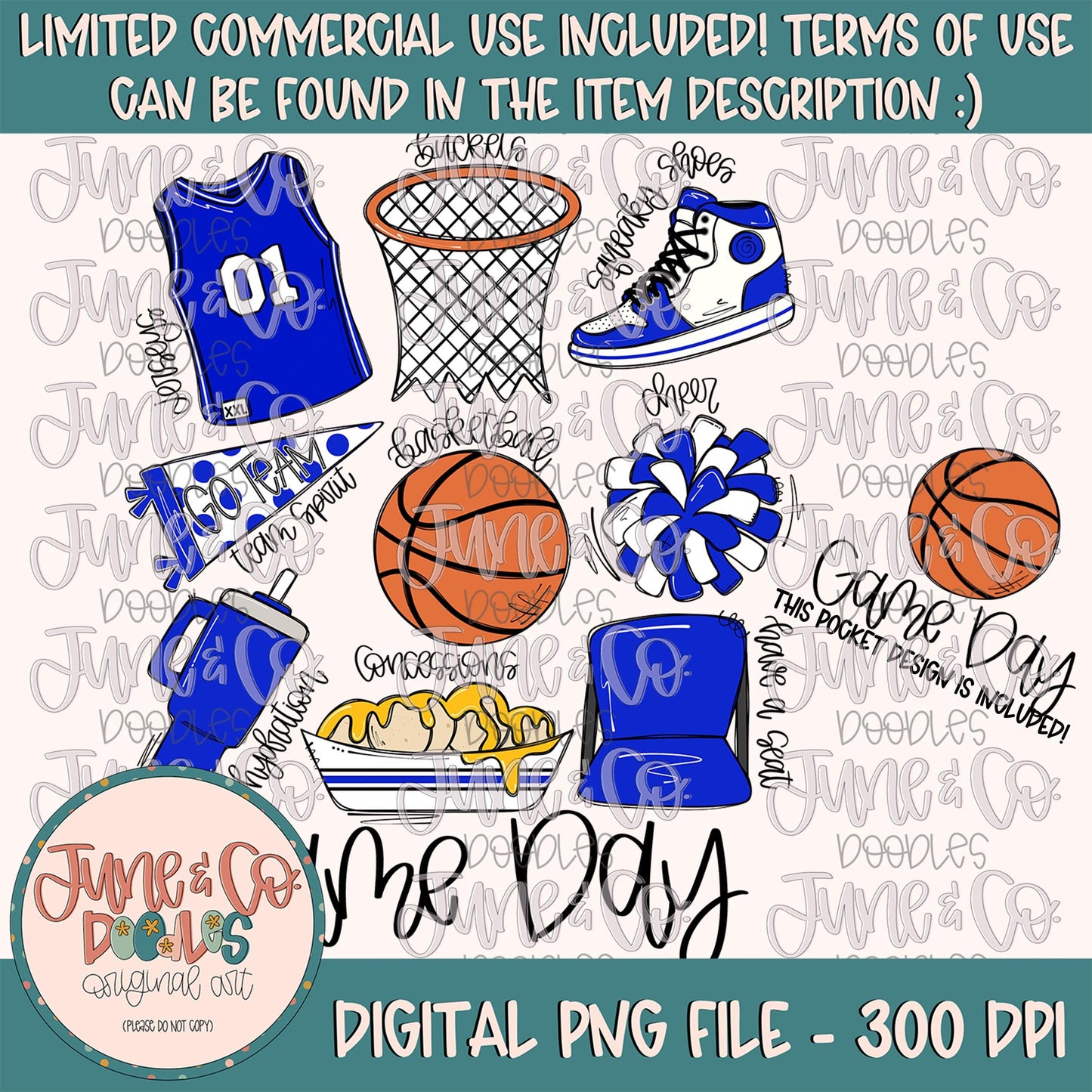 Basketball Game Day- Royal & White PNG| Basketball Things Sublimation File| Team Spirit Shirt Design| Hand Drawn Art Digital Download