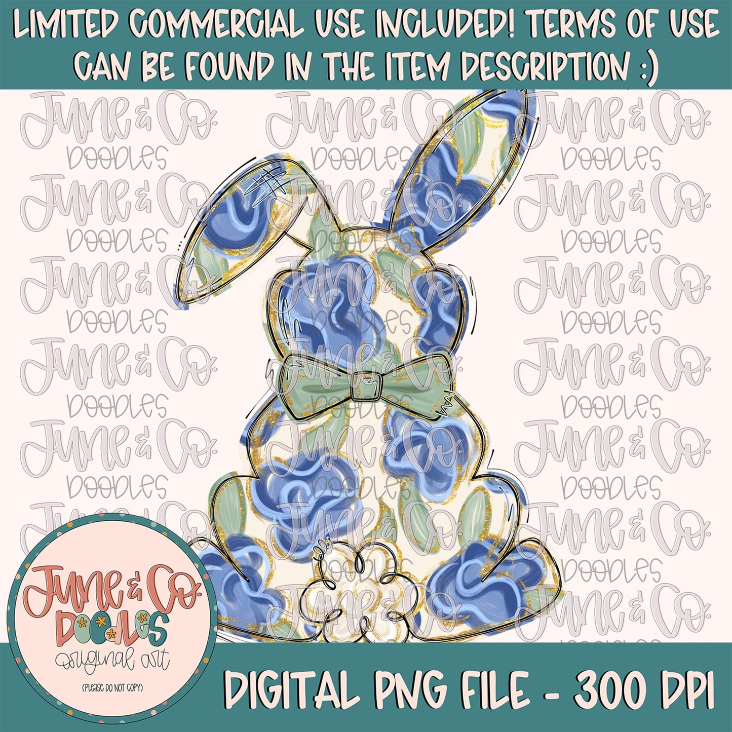 Blue Floral Bunny With Bow Tie PNG| Preppy Easter Bunny Sublimation File| Easter Holiday Shirt Design| Hand Drawn Art| Digital Download