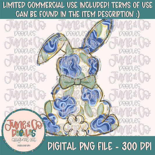 Blue Floral Bunny With Bow Tie PNG| Preppy Easter Bunny Sublimation File| Easter Holiday Shirt Design| Hand Drawn Art| Digital Download