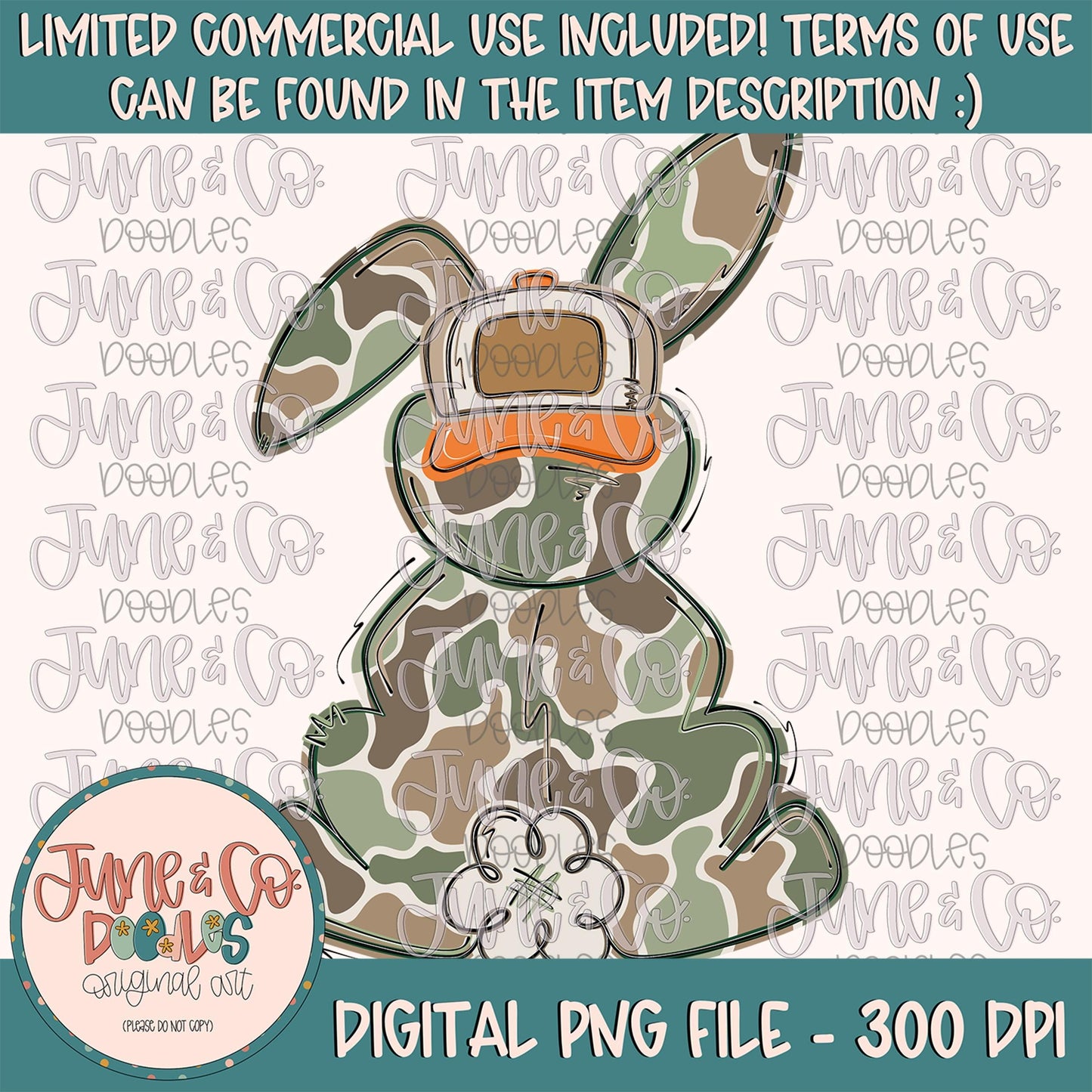 Camo Bunny PNG| Country Easter Bunny Sublimation File| Boy Bunny With Backwards Hat Shirt Design| Hand Drawn Art| Digital Download
