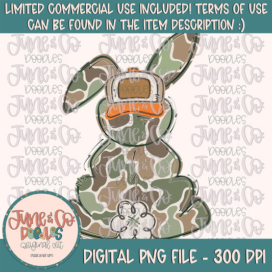 Camo Bunny PNG| Country Easter Bunny Sublimation File| Boy Bunny With Backwards Hat Shirt Design| Hand Drawn Art| Digital Download