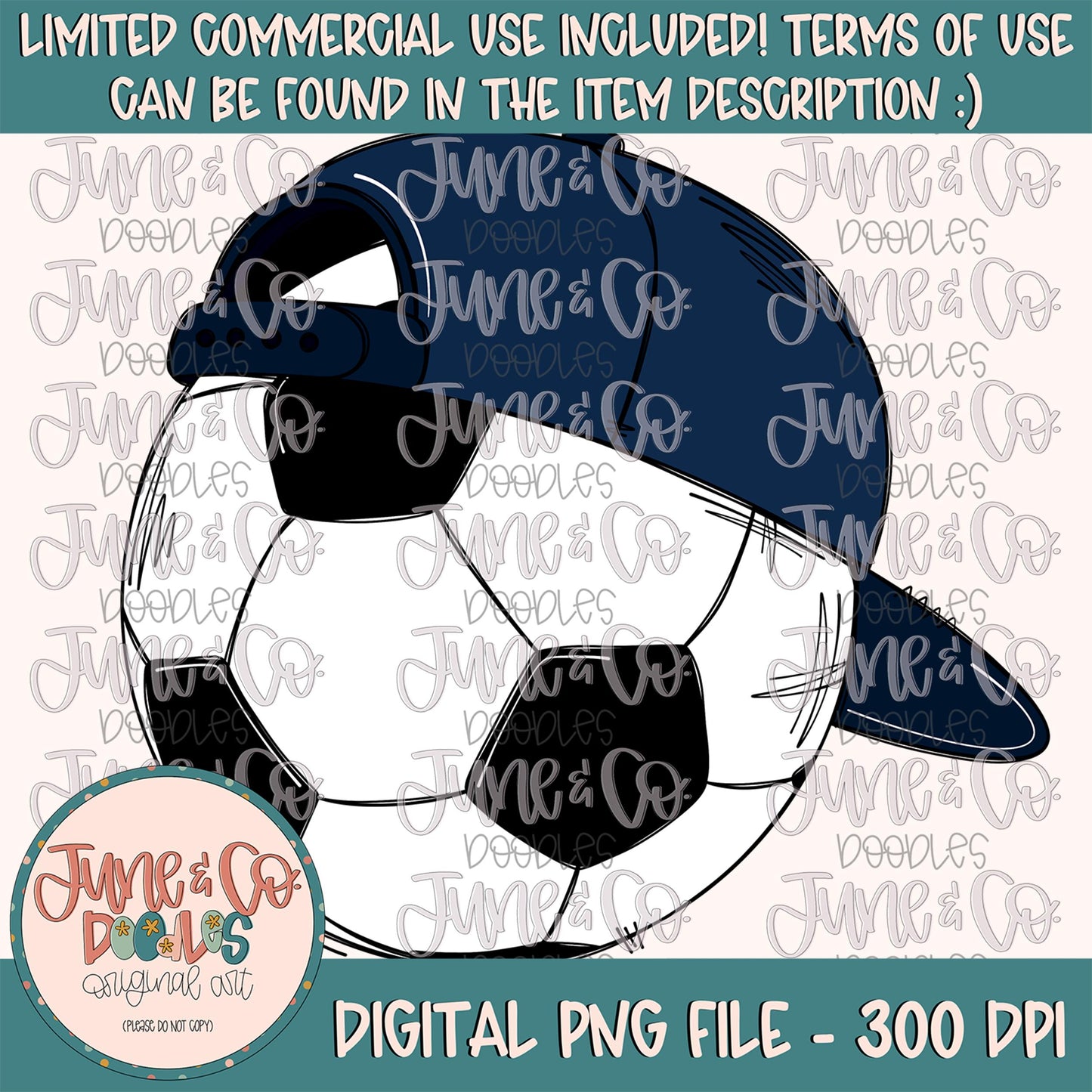 Cool Soccer Ball Navy PNG| Soccer Ball With Hat Sublimation File|Boys Soccer Shirt Design| Hand Sketched Printable Art| Instant Download
