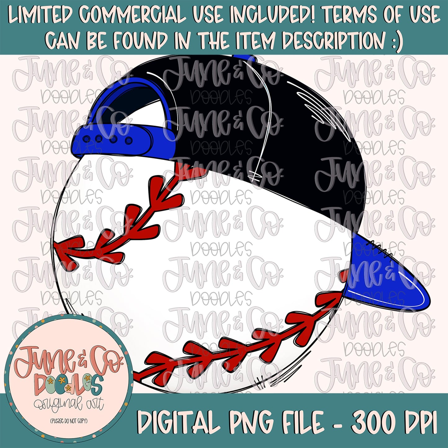 Cool Baseball Royal & Black PNG| Baseball With Hat Sublimation File| Boys Baseball Shirt Design| Hand Drawn Printable Art| Instant Download