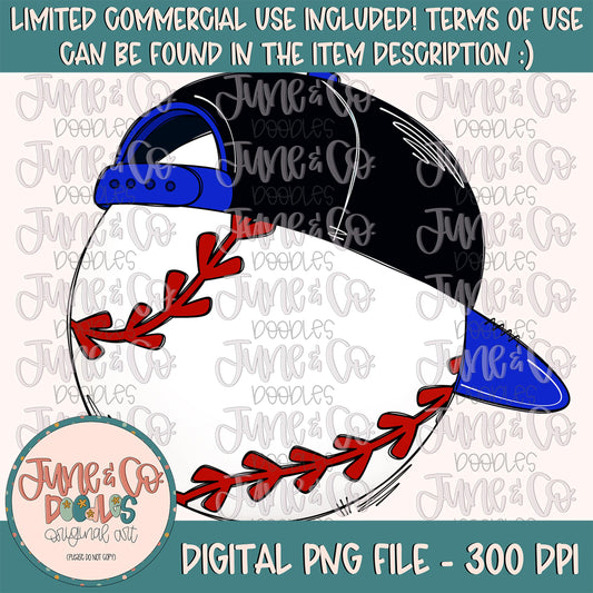 Cool Baseball Royal & Black PNG| Baseball With Hat Sublimation File| Boys Baseball Shirt Design| Hand Drawn Printable Art| Instant Download