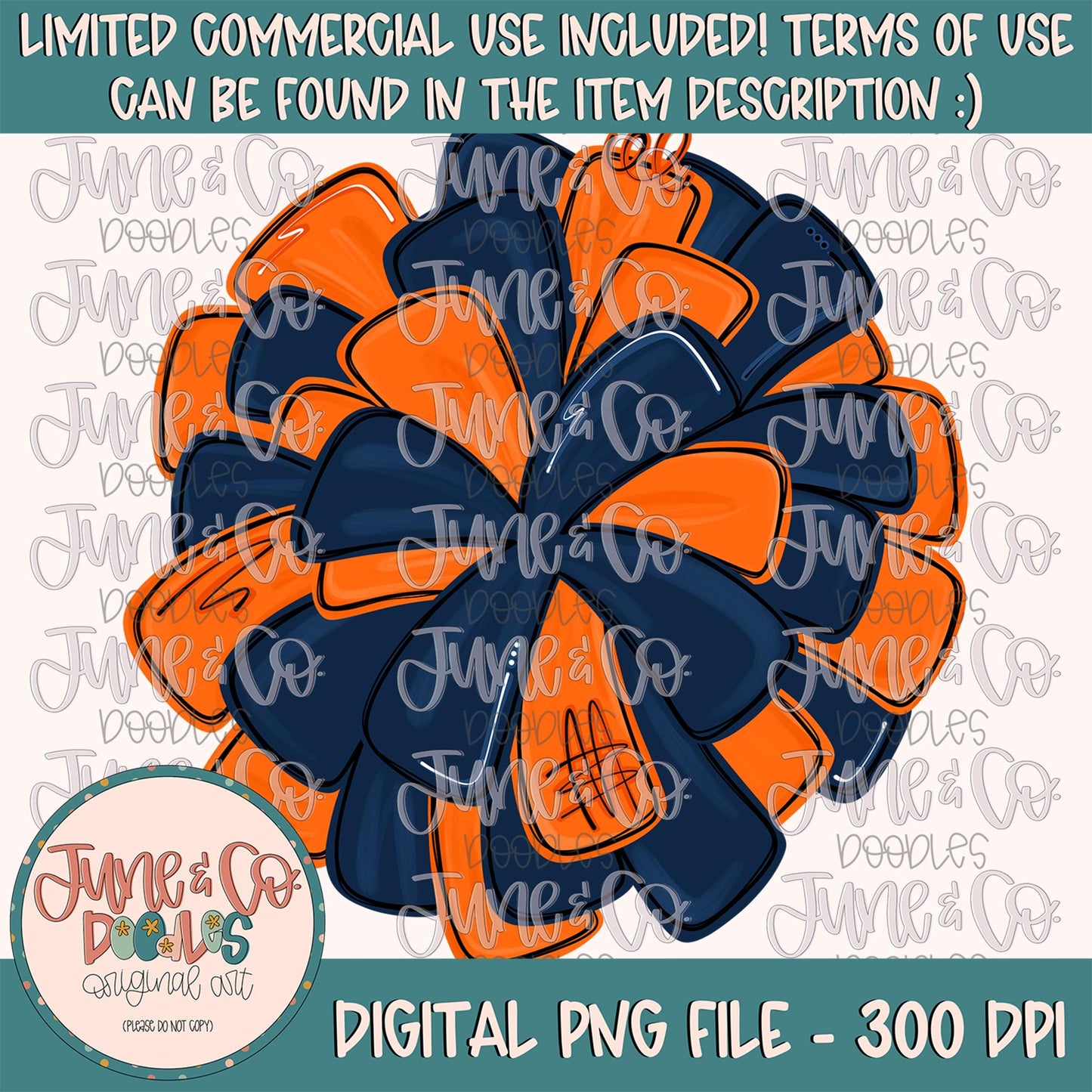 Orange & Navy Pom Pom PNG| Cheerleading Sublimation File| Team Spirit Shirt Design| Hand Drawn Printable Art| Digital Download
