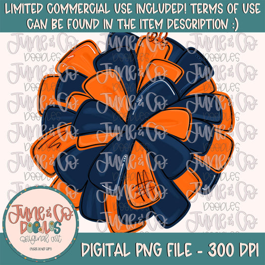 Orange & Navy Pom Pom PNG| Cheerleading Sublimation File| Team Spirit Shirt Design| Hand Drawn Printable Art| Digital Download