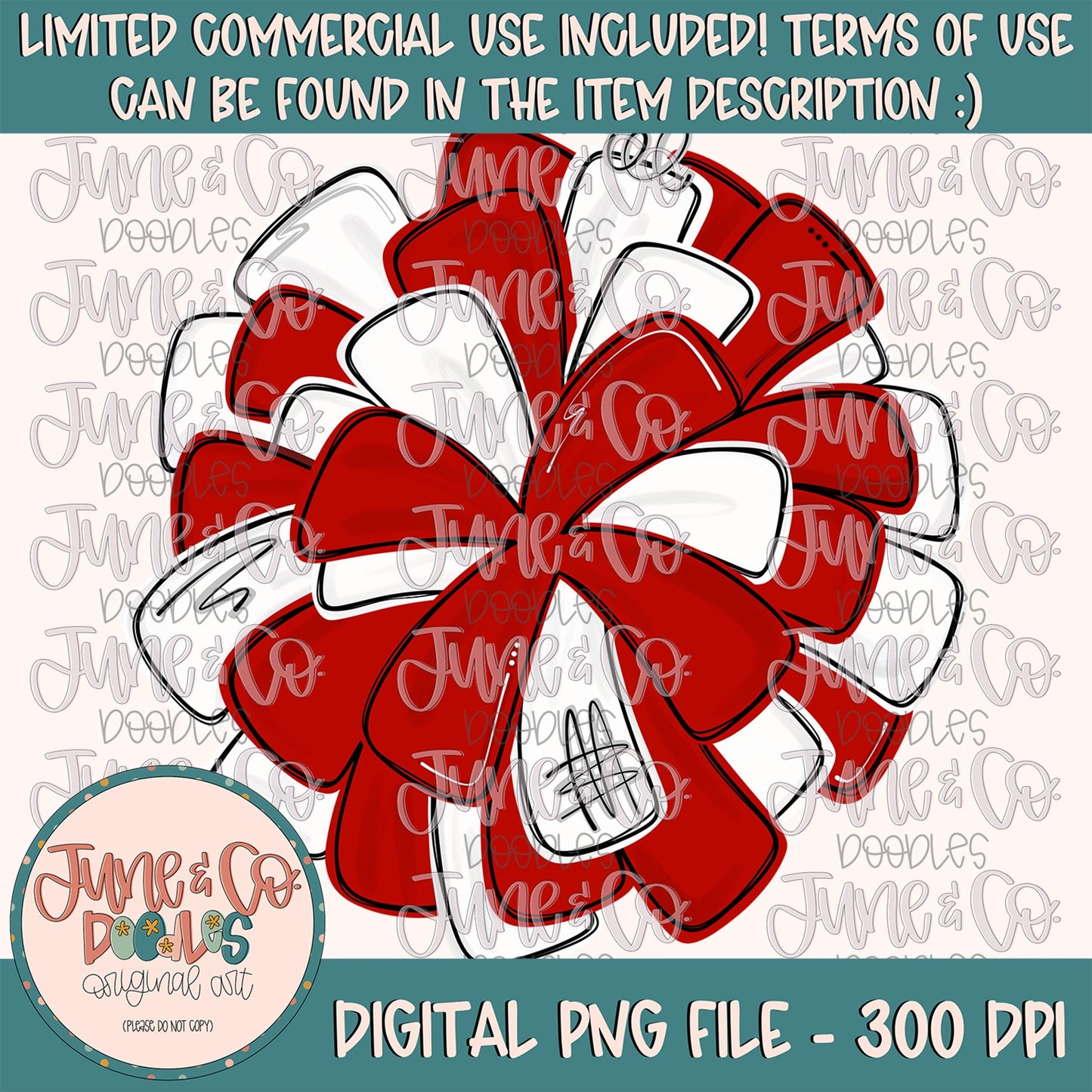 Red & White Pom Pom PNG| Cheerleading Sublimation File| Team Spirit Shirt Design| Hand Drawn Printable Art| Digital Download