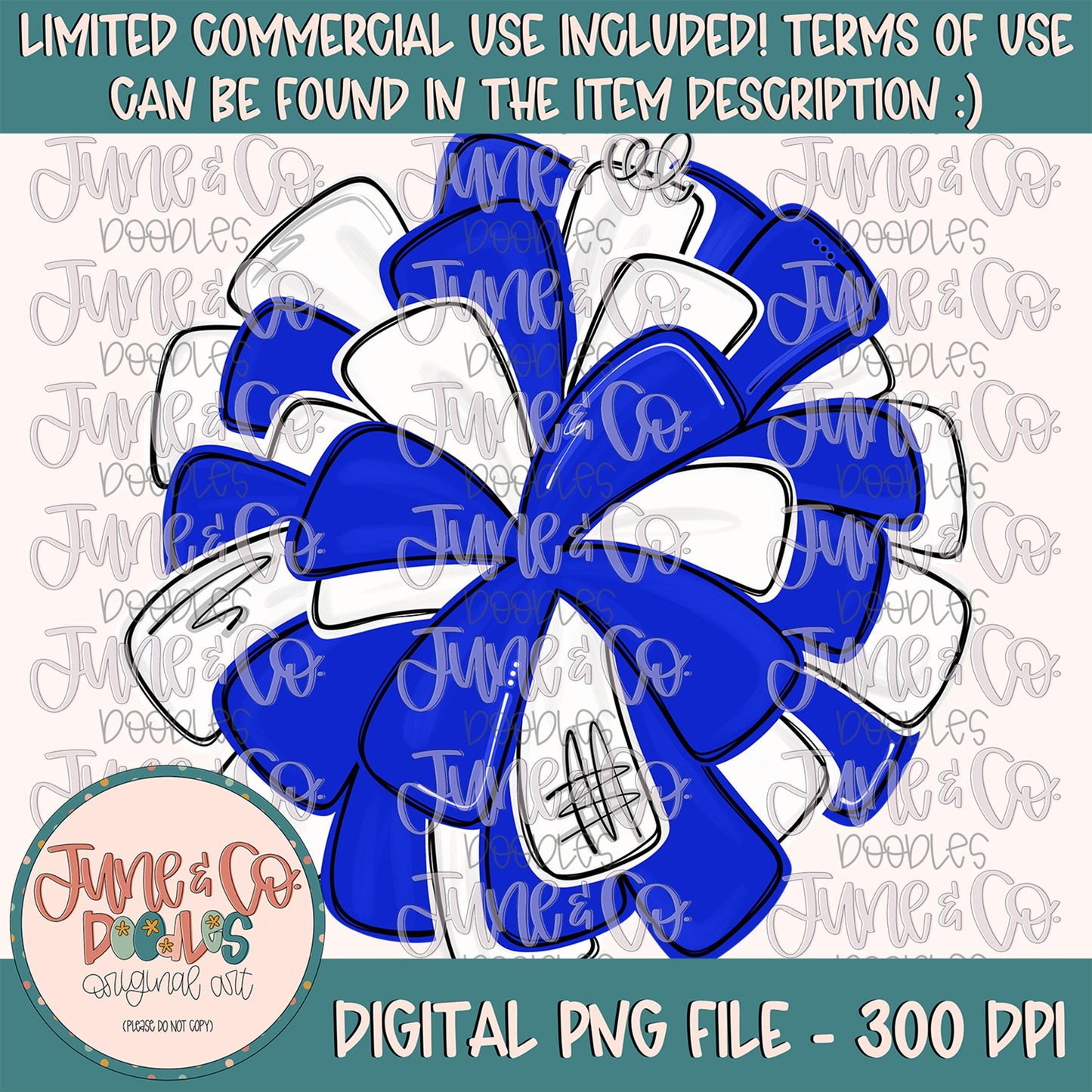 Royal Blue & White Pom Pom PNG| Cheerleading Sublimation File| Team Spirit Shirt Design| Hand Drawn Printable Art| Digital Download