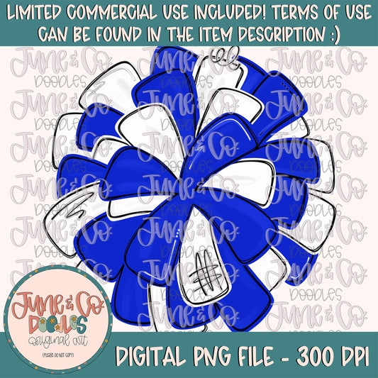 Royal Blue & White Pom Pom PNG| Cheerleading Sublimation File| Team Spirit Shirt Design| Hand Drawn Printable Art| Digital Download