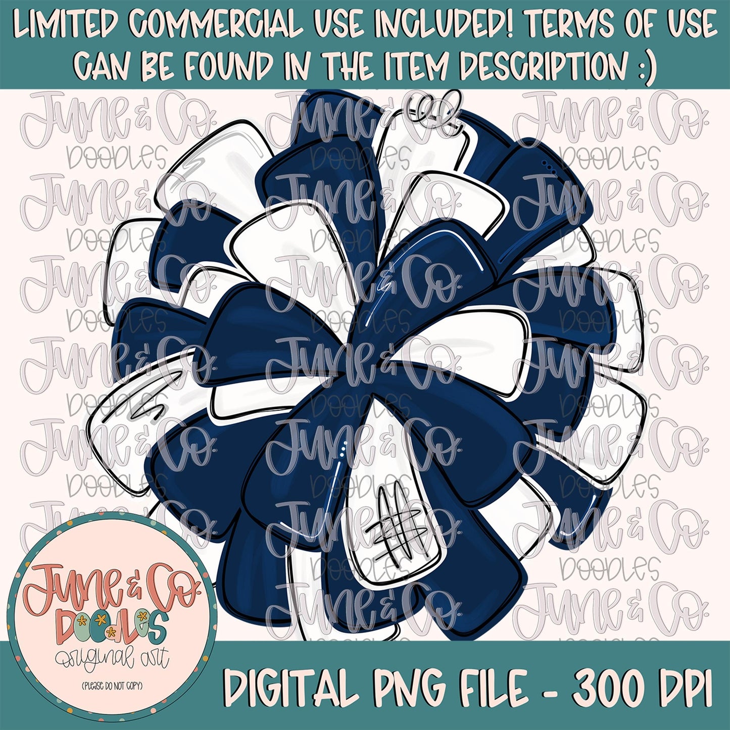 Navy Blue & White Pom Pom PNG| Cheerleading Sublimation File| Team Spirit Shirt Design| Hand Drawn Printable Art| Digital Download