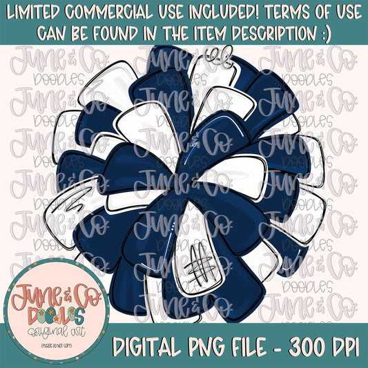 Navy Blue & White Pom Pom PNG| Cheerleading Sublimation File| Team Spirit Shirt Design| Hand Drawn Printable Art| Digital Download