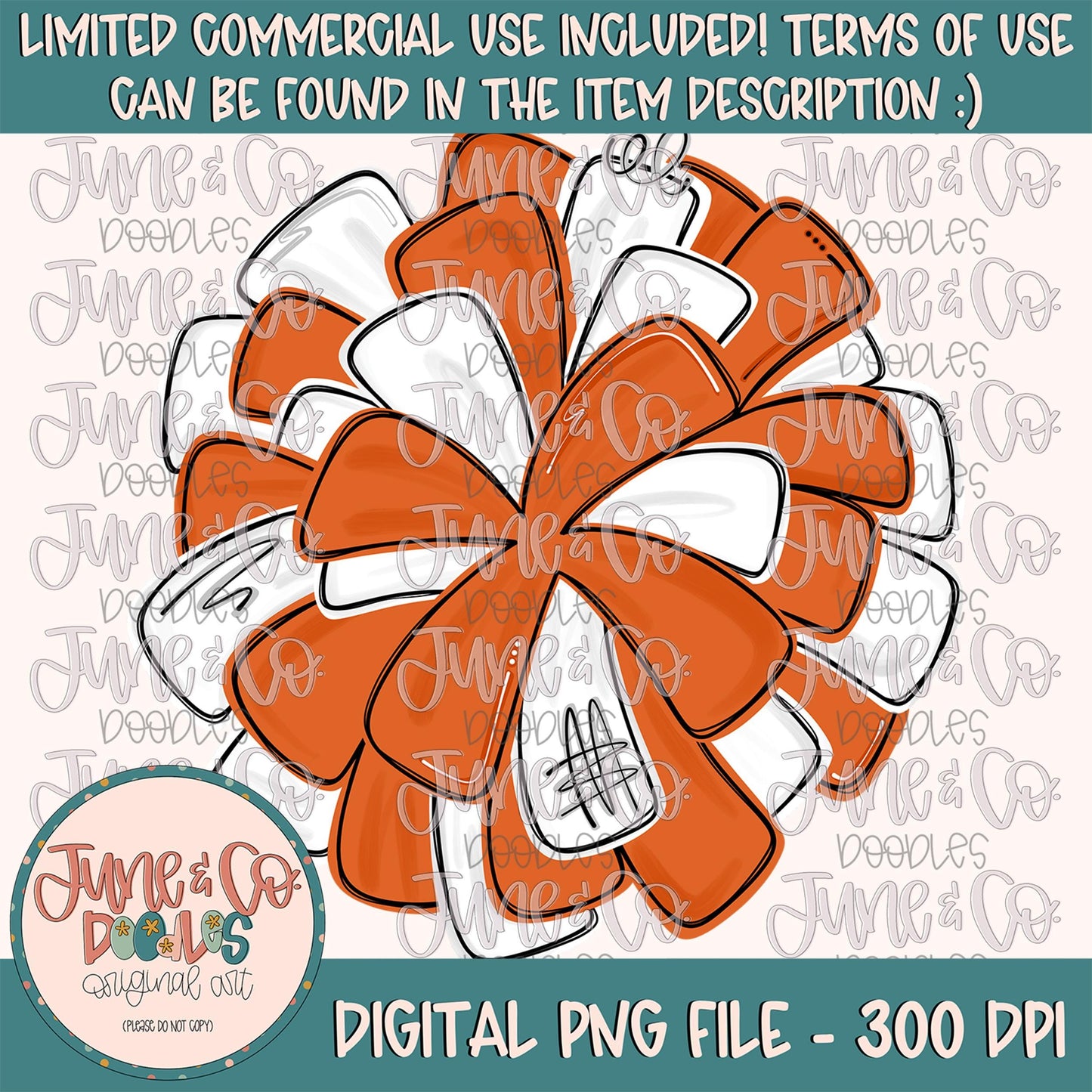 Orange & White Pom Pom PNG| Cheerleading Sublimation File| Team Spirit Shirt Design| Hand Drawn Printable Art| Digital Download