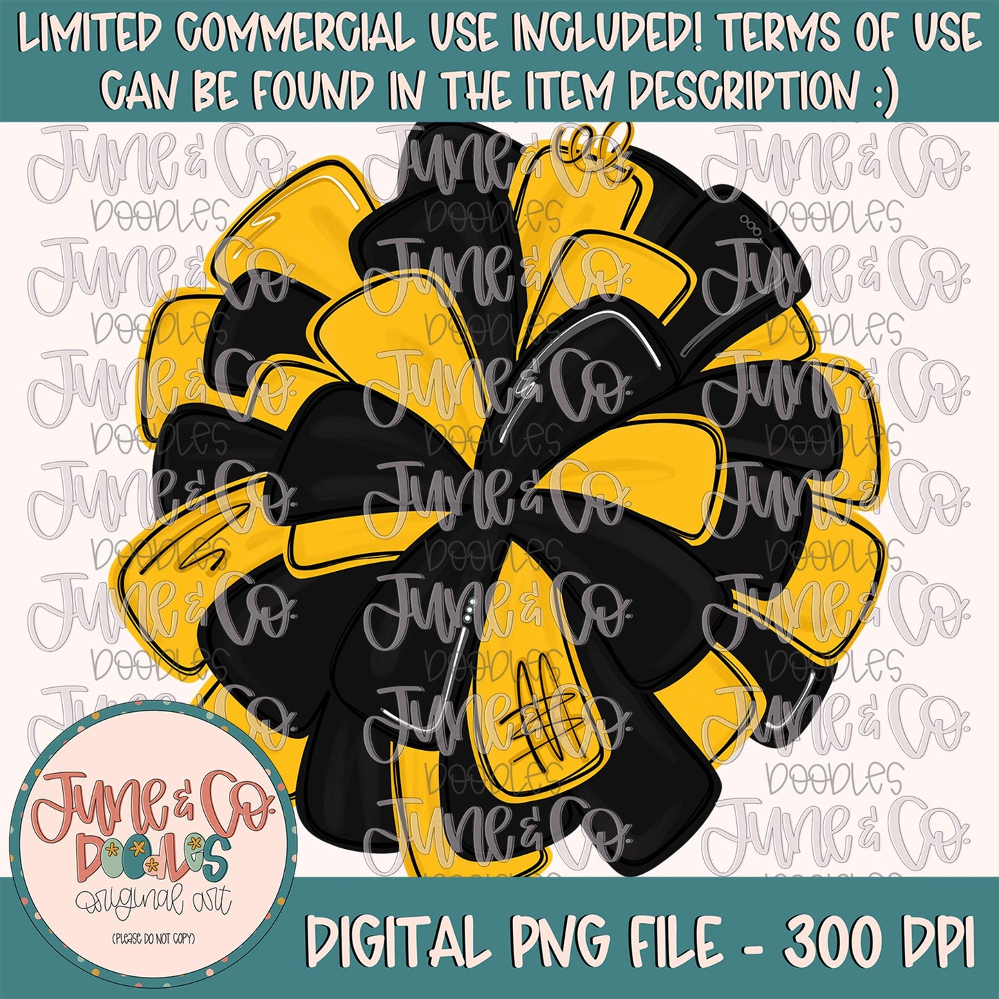 Black & Yellow Pom Pom PNG| Cheerleading Sublimation File| Team Spirit Shirt Design| Hand Drawn Printable Art| Digital Download