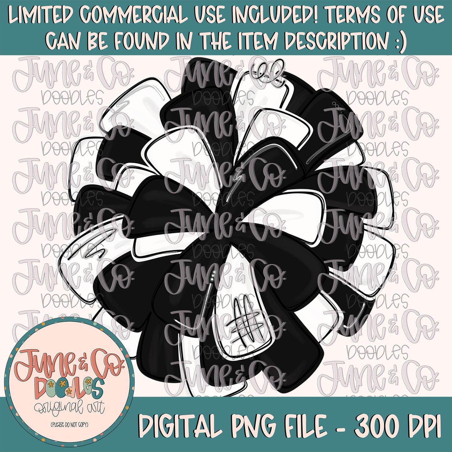 Black & White Pom Pom PNG| Cheerleading Sublimation File| Team Spirit Shirt Design| Hand Drawn Printable Art| Digital Download