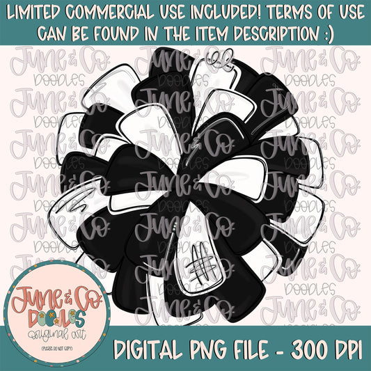 Black & White Pom Pom PNG| Cheerleading Sublimation File| Team Spirit Shirt Design| Hand Drawn Printable Art| Digital Download