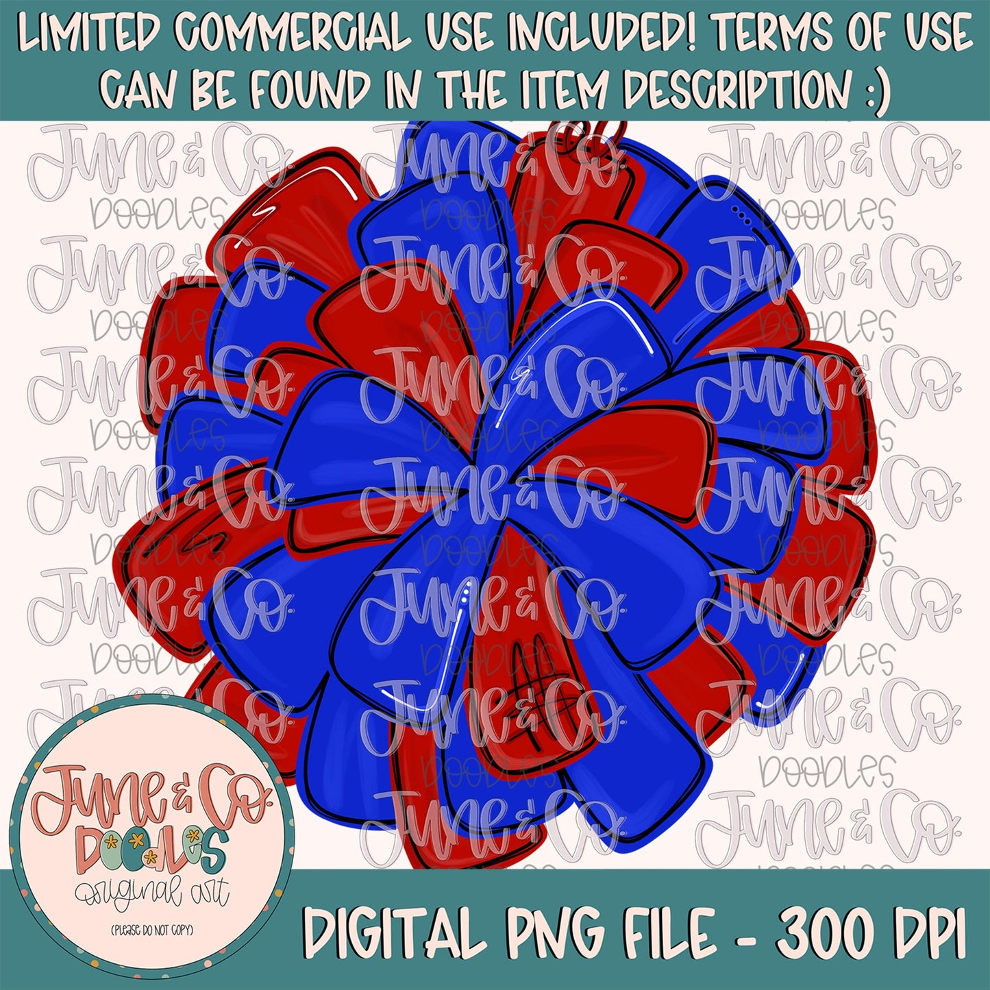 Red & Royal Pom Pom PNG| Cheerleading Sublimation File| Team Spirit Shirt Design| Hand Drawn Printable Art| Digital Download