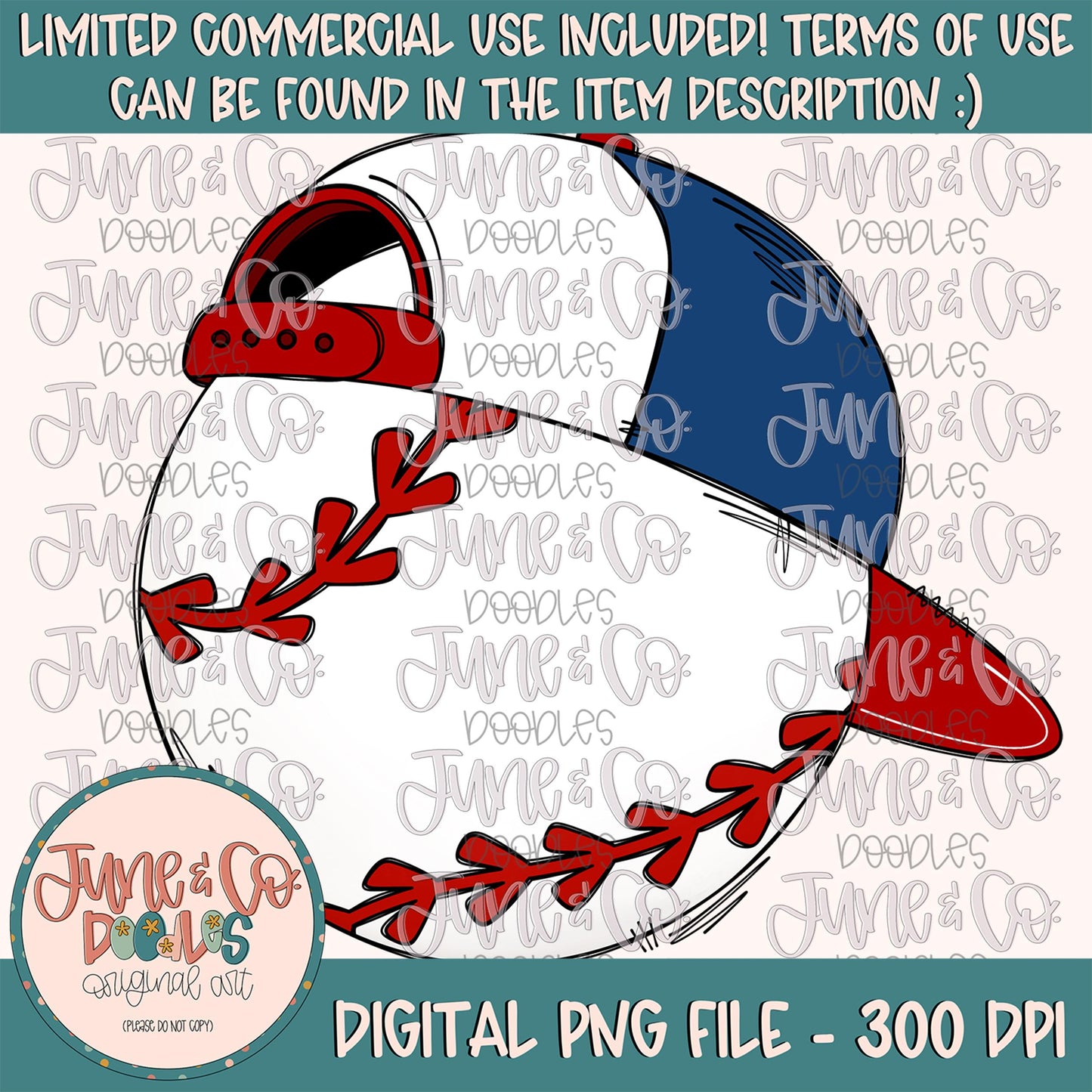 Cool Baseball Red White Navy PNG| Baseball With Hat Sublimation File| Boys Baseball Shirt Design| Hand Drawn Printable Art| Instant Download