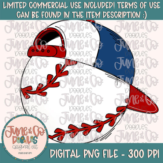 Cool Baseball Red White Navy PNG| Baseball With Hat Sublimation File| Boys Baseball Shirt Design| Hand Drawn Printable Art| Instant Download