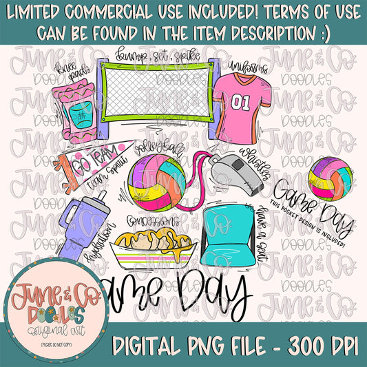 Volleyball Game Day PNG| Volleyball Things Sublimation File| Spring Sports Shirt Design| Hand Sketched Printable Art Instant Download