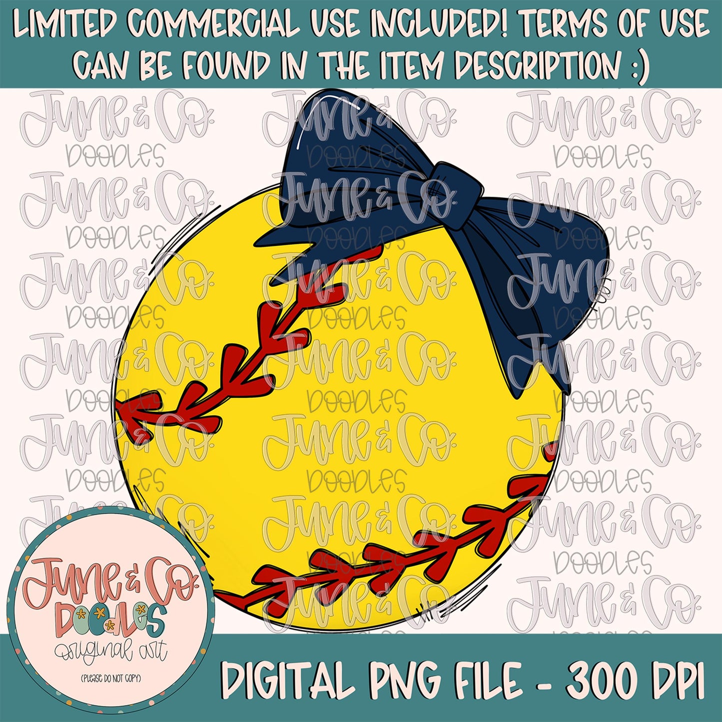 Softball With Navy Bow PNG| Softball Graphic Sublimation File| Girl Sports Shirt Design| Hand Sketched Printable Art| Instant Download