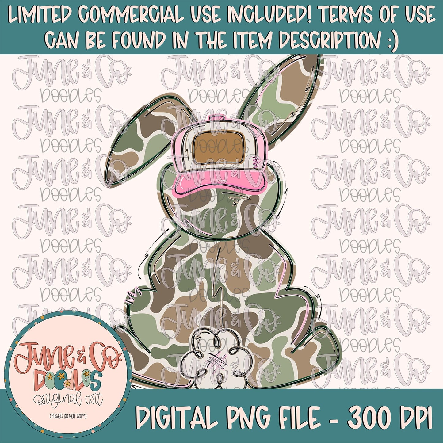 Camo Bunny- Pink Hat PNG| Camo Easter Bunny Sublimation File| Bunny With Backwards Hat Shirt Design| Hand Drawn Art| Digital Download