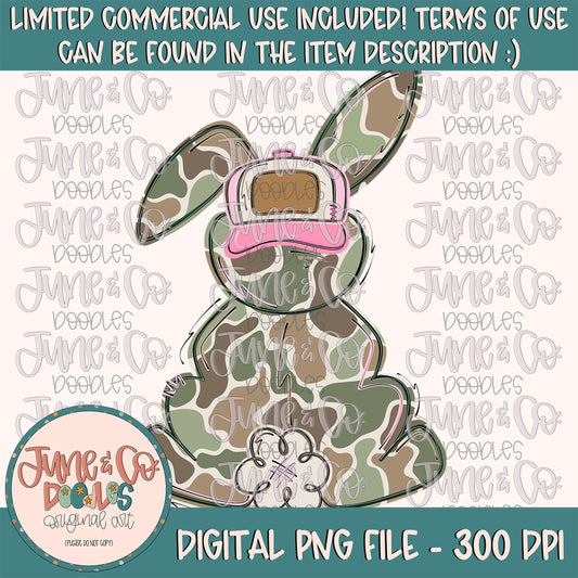 Camo Bunny- Pink Hat PNG| Camo Easter Bunny Sublimation File| Bunny With Backwards Hat Shirt Design| Hand Drawn Art| Digital Download