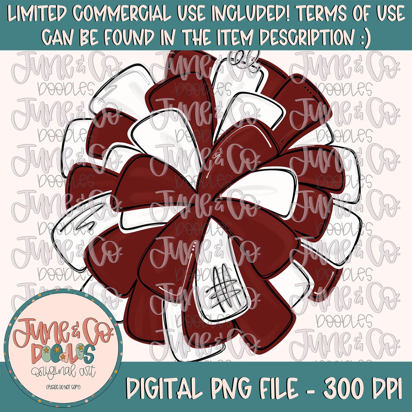 Maroon & White Pom Pom PNG| Cheerleading Sublimation File| Team Spirit Shirt Design| Hand Drawn Printable Art| Digital Download