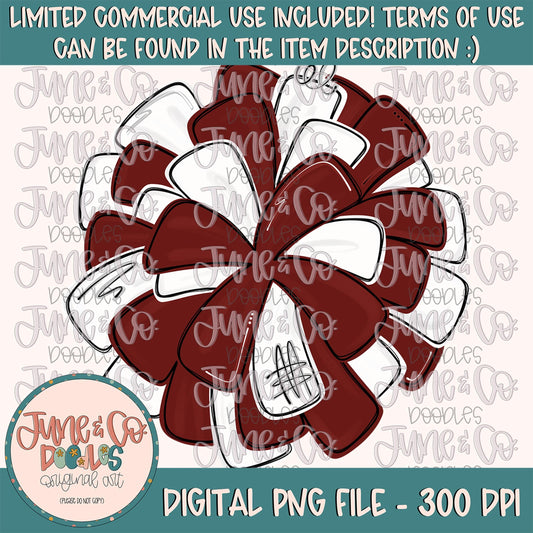 Maroon & White Pom Pom PNG| Cheerleading Sublimation File| Team Spirit Shirt Design| Hand Drawn Printable Art| Digital Download