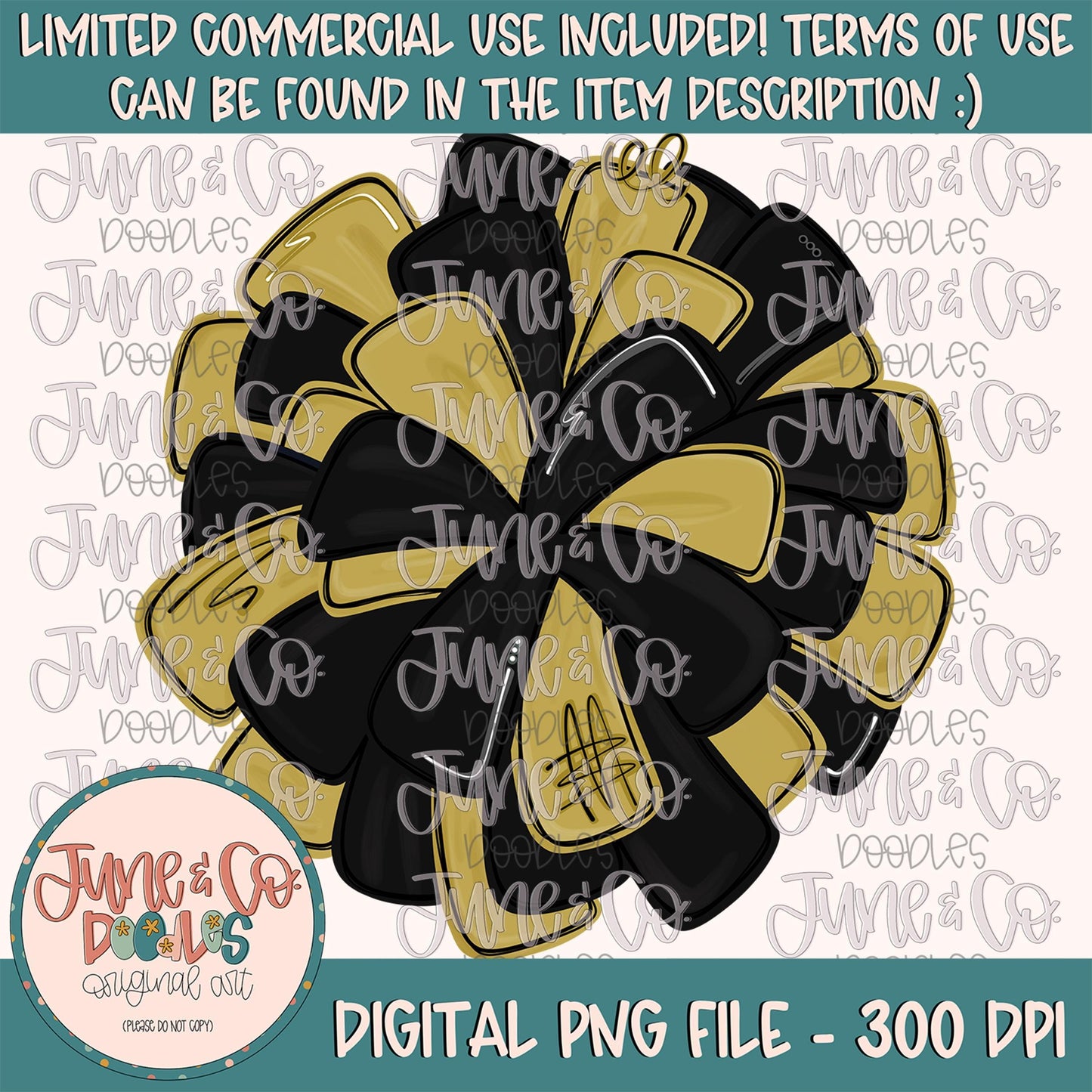 Black & Gold Pom Pom PNG| Cheerleading Sublimation File| Team Spirit Shirt Design| Hand Drawn Printable Art| Digital Download