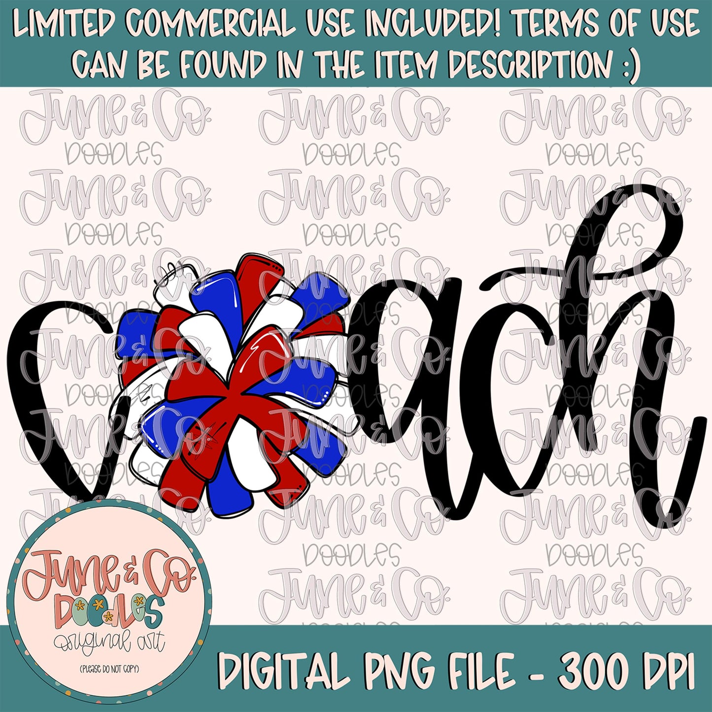 Hand Lettered Coach With Royal, White, & Blue Pom Pom PNG| Cheer Coach Sublimation File| Cheerleading Shirt Design| Instant Download