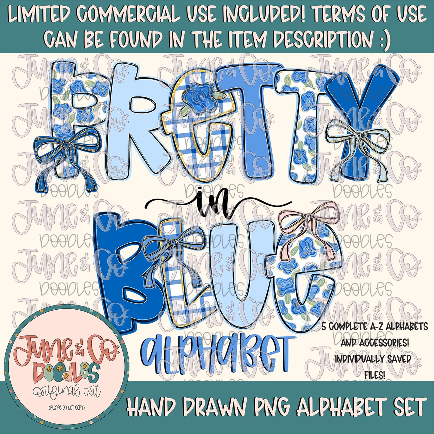 Pretty In Blue Alphabet Set- PNG| Preppy Blue Doodle Alpha| Individually Saved Letters| A-Z Doodle Letters PNG| Digital Download
