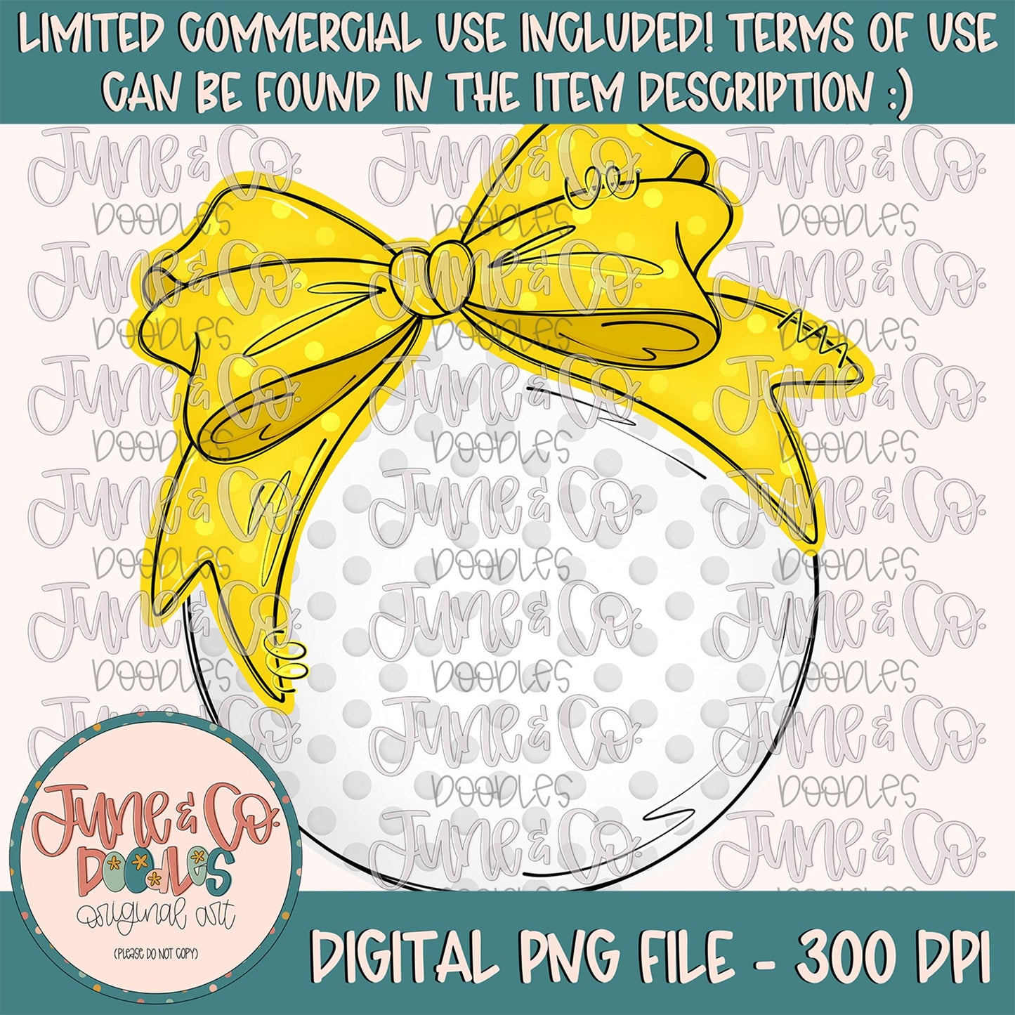 Golf Ball With Yellow Bow PNG| Coquette Golf Ball Sublimation File| Girls Golfing Shirt Design| Hand Drawn Printable Art| Digital Download