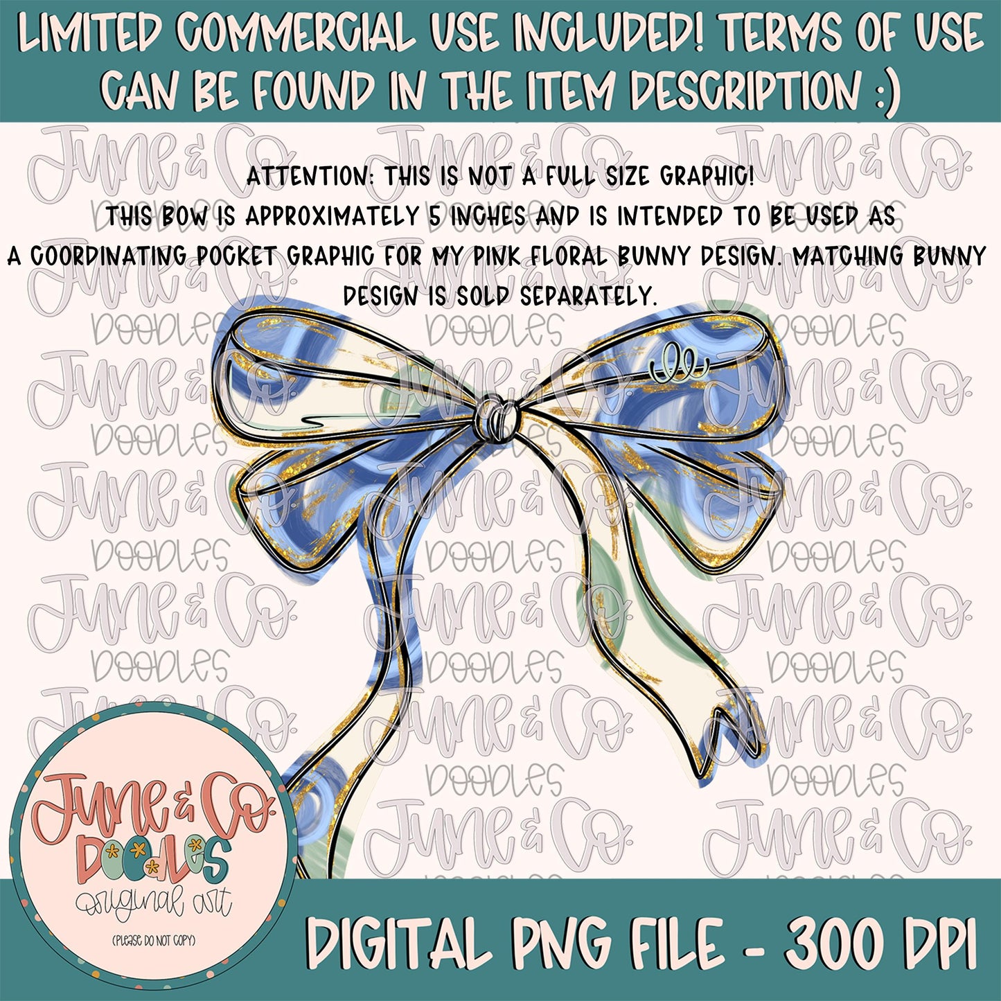 Blue Floral Bow Pocket PNG| Matches Blue Floral Easter Bunny Sublimation File| Girly Bow Pocket Design| Hand Drawn Art| Digital Download