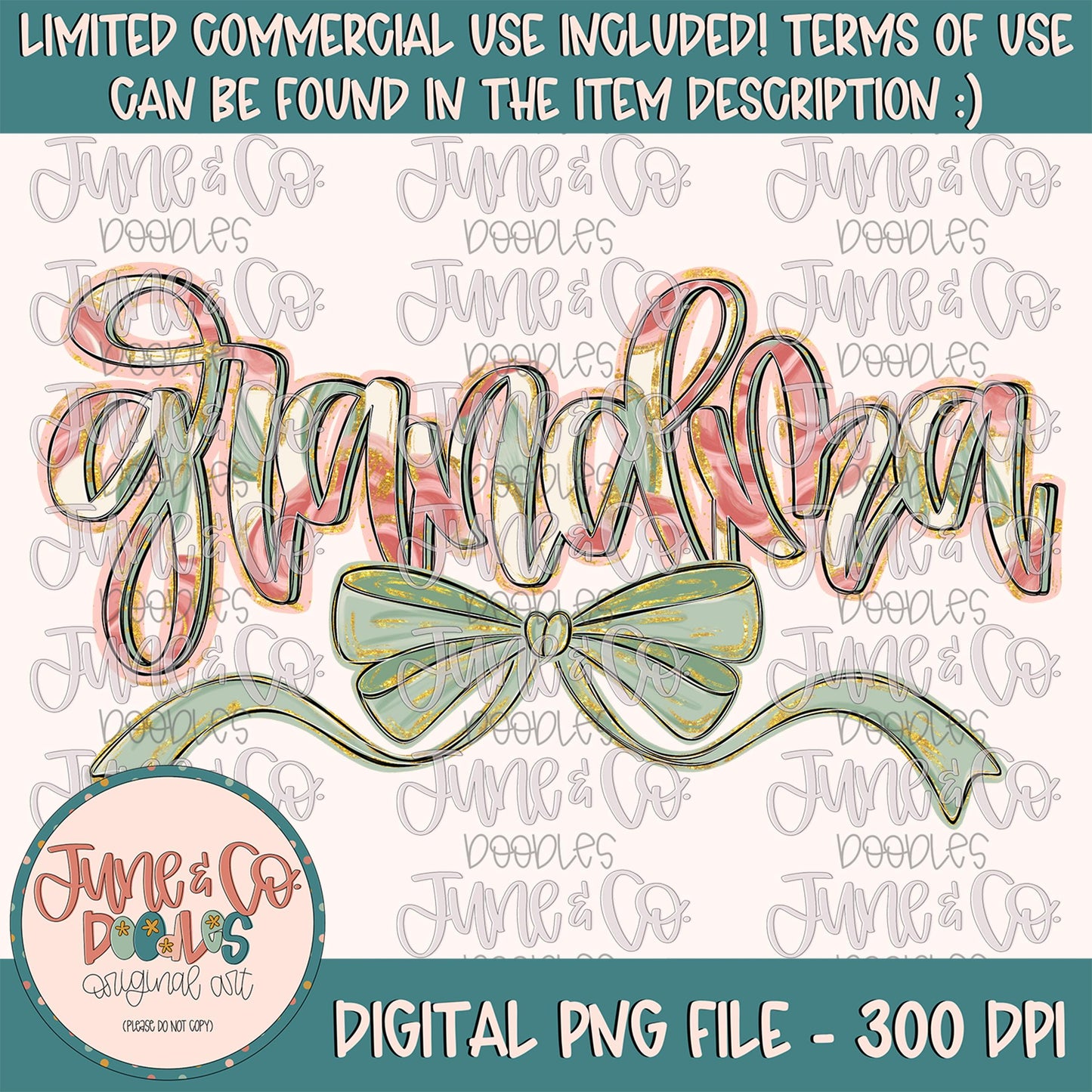 Painted Floral Grandma PNG| Grandma With Bow Sublimation File| Floral Mother's Day Shirt Design| Hand Lettered Art| Digital Download