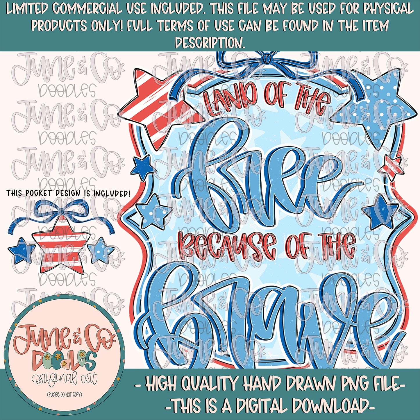 Fancy Land Of The Free PNG| Coquette Patriotic Sublimation File| Memorial Day Shirt Design| Hand Lettered Printable Art| Digital Download