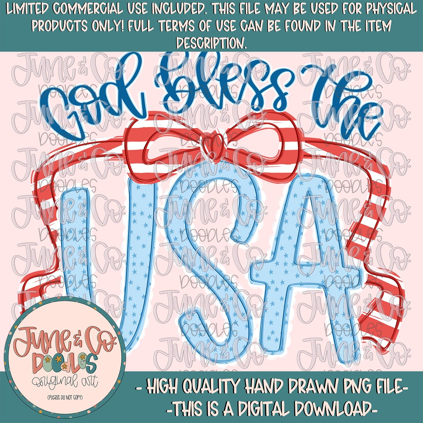 God Bless The USA With Bow PNG| Coquette Patriotic Sublimation File| Independence Day Shirt Design| Hand Drawn Art| Digital Download