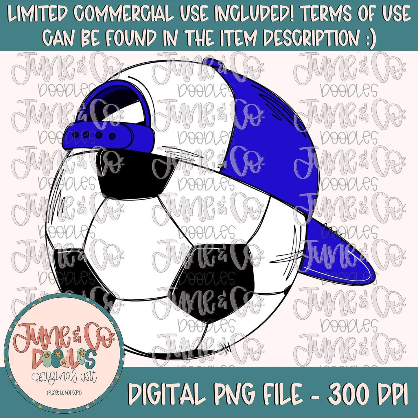 Cool Soccer Ball Royal & White PNG| Soccer Ball With Hat Sublimation File|Boys Soccer Shirt Design| Hand Drawn Art| Digital Download