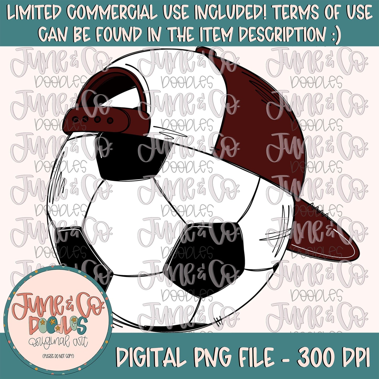 Cool Soccer Ball Maroon & White PNG| Soccer Ball With Hat Sublimation File| Boys Soccer Shirt Design| Hand Drawn Art| Digital Download