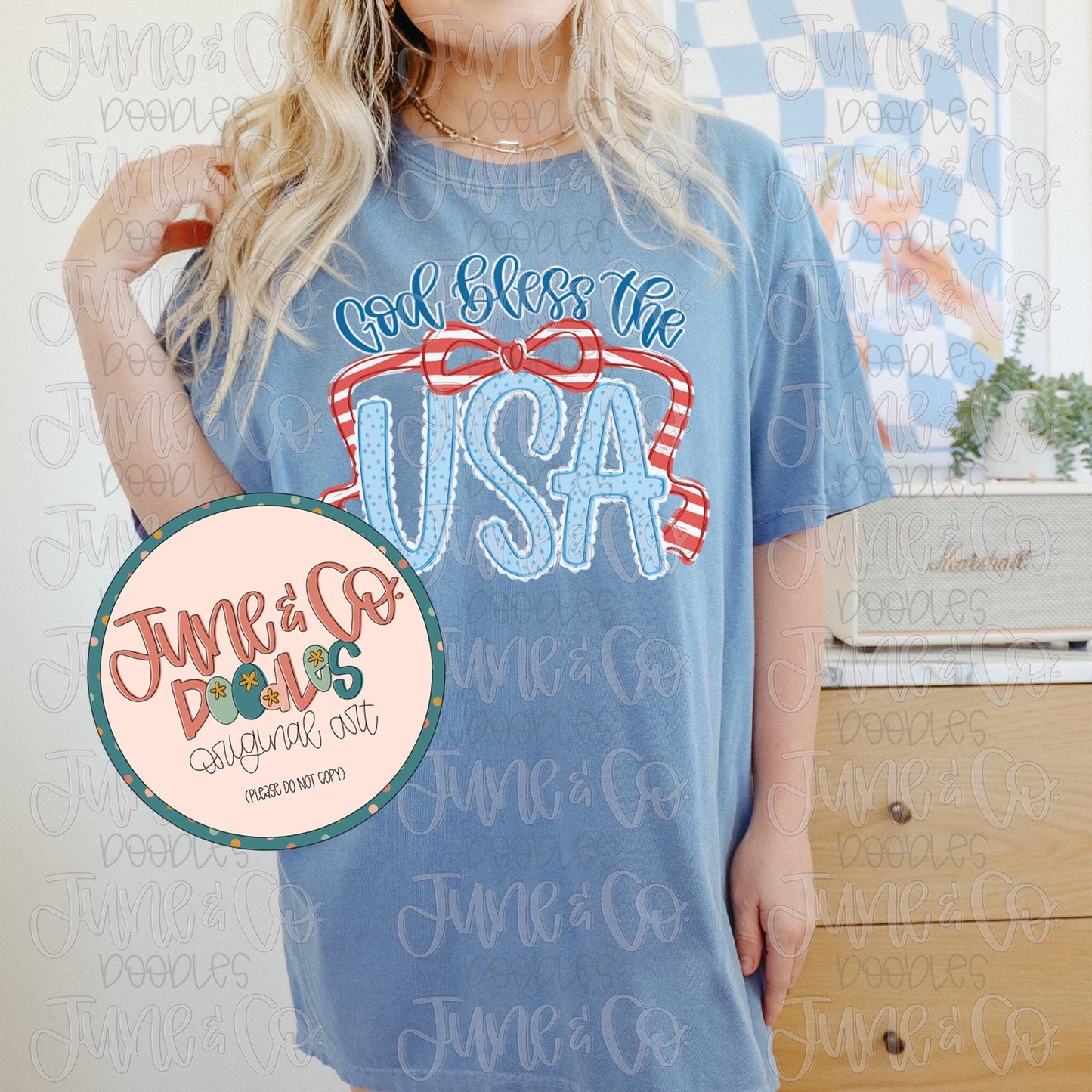 God Bless The USA With Bow PNG| Coquette Patriotic Sublimation File| Independence Day Shirt Design| Hand Drawn Art| Digital Download
